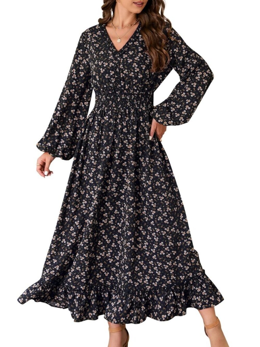 Casual V Neck Boho Floral Print Wedding Guest Maxi Dresses for Women Bohemian